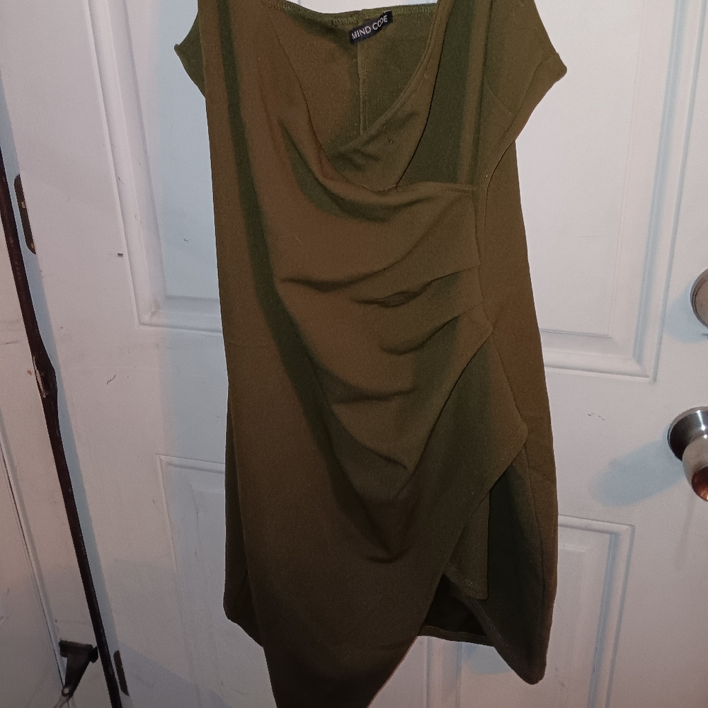 Mind Code Olive Green night out spaghetti strap dress with a slit XL